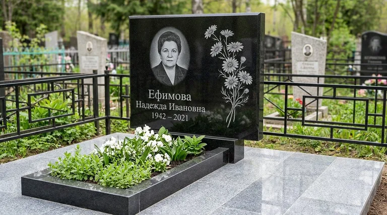 Памятник с гравировкой ромашек — выполненная работа «Ефимова» в Тольятти