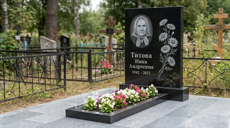 Памятник с гравировкой ромашек — выполненная работа «Титова» в Тольятти