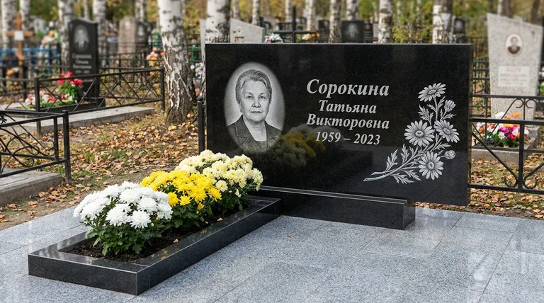 Памятник с гравировкой ромашек — выполненная работа «Сорокина» в Тольятти