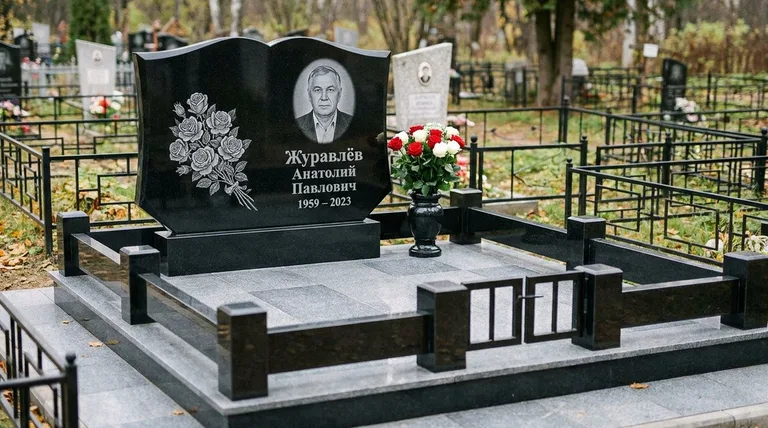 Памятник с гравировкой роз — выполненная работа «Журавлёв» в Тольятти