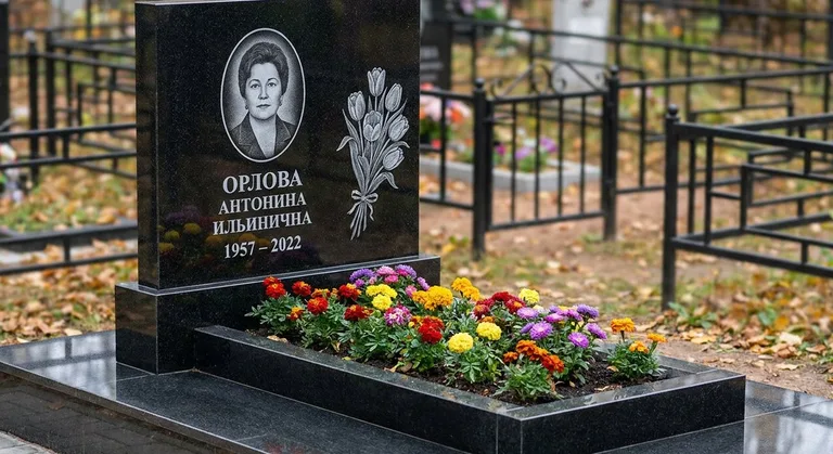 Памятник с гравировкой тюльпанов — выполненная работа «Орлова» в Тольятти