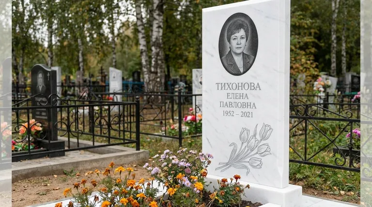 Памятник с гравировкой тюльпанов — выполненная работа «Тихонова» в Тольятти