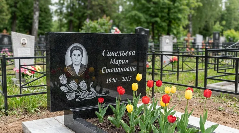 Памятник с гравировкой тюльпанов — выполненная работа «Савельева» в Тольятти