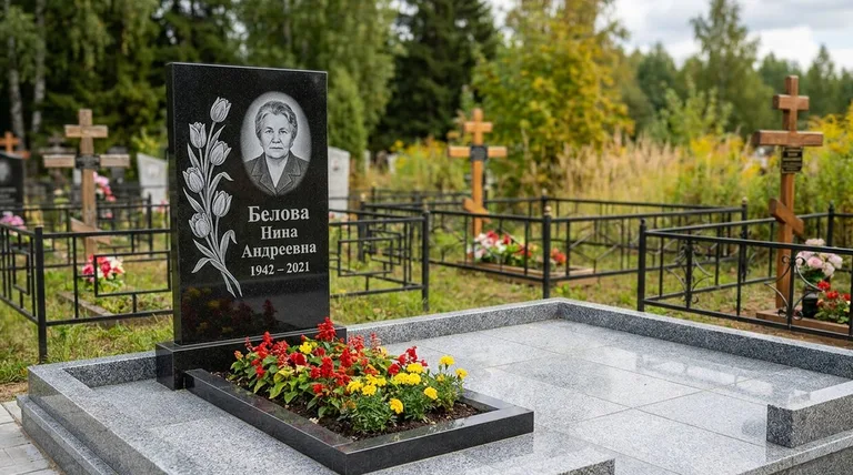 Памятник с гравировкой тюльпанов — выполненная работа «Белова» в Тольятти