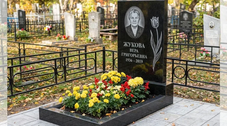 Памятник с гравировкой тюльпанов — выполненная работа «Жукова» в Тольятти