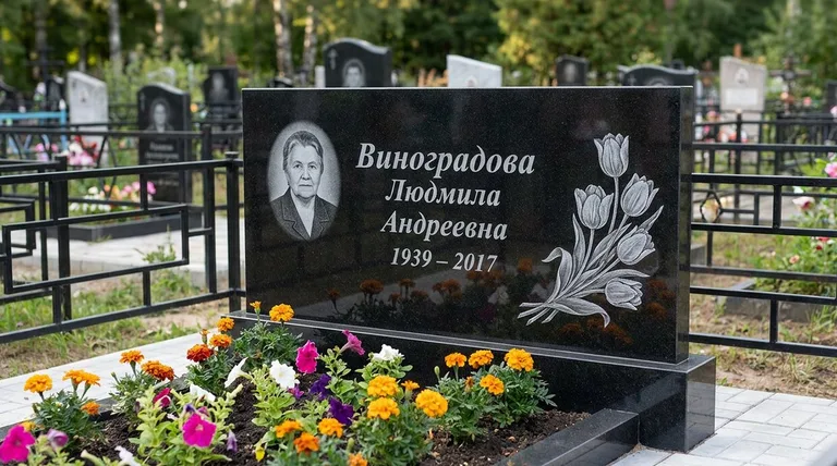 Памятник с гравировкой тюльпанов — выполненная работа «Виноградова» в Тольятти