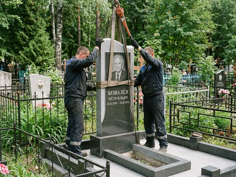 Демонтаж памятника на кладбище в Тольятти — бригада аккуратно снимает старый гранитный памятник с могилы