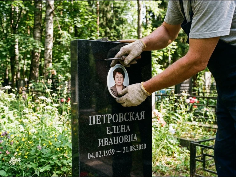 Фото на керамике на памятник в Тольятти — мастер устанавливает овальный керамический портрет на гранитный памятник