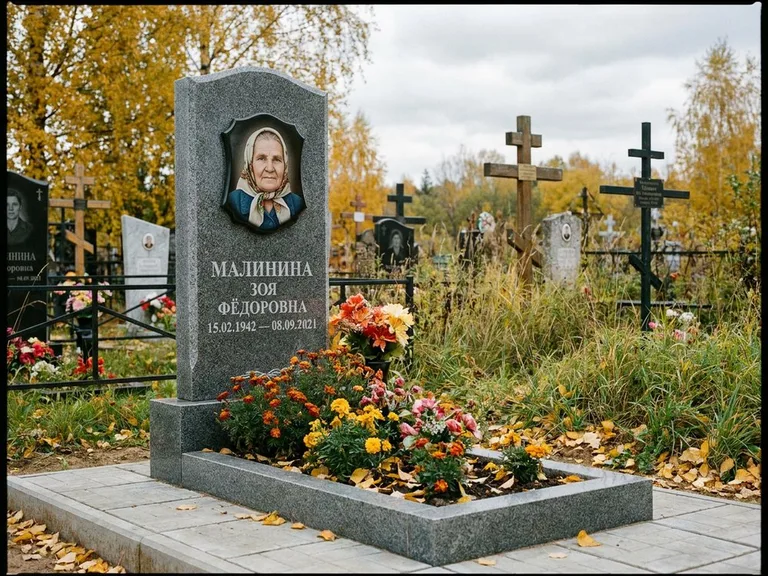 Чёрно-белый керамический портрет на памятнике в Тольятти
