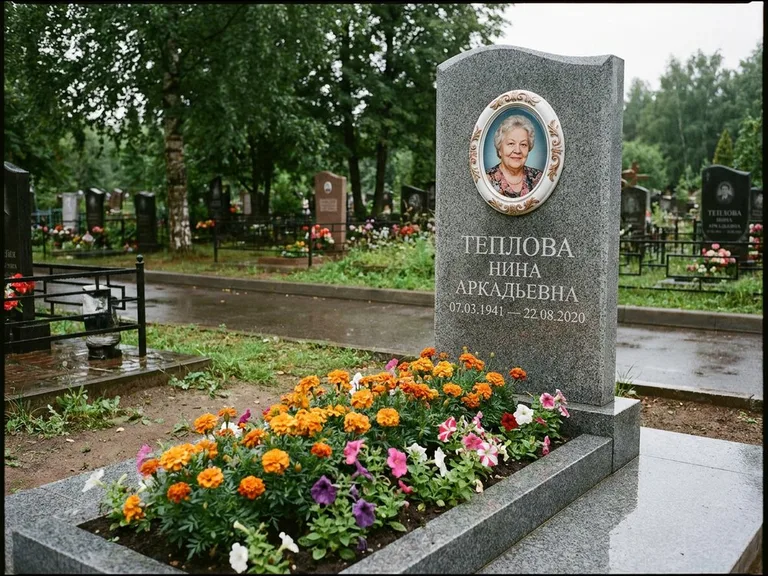 Керамический портрет на памятнике с цветами в Тольятти