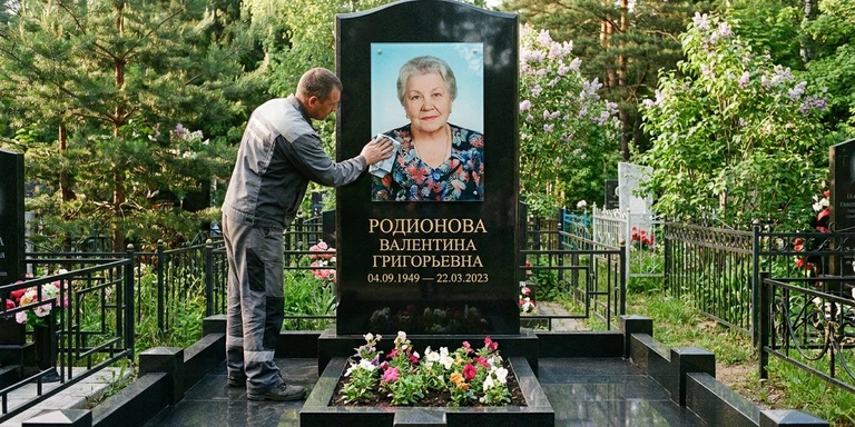 Фотокерамика и печать фото на памятник в Тольятти — мастер устанавливает цветной портрет на стекле на гранитный памятник