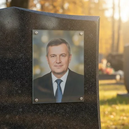 Портрет на стекле на держателях на чёрном граните в Тольятти