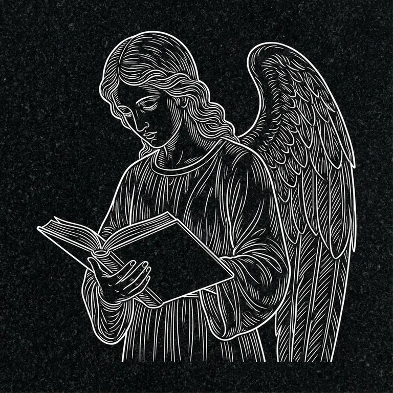Эскиз гравировки ангела на памятник — ангел с раскрытой книгой в Тольятти