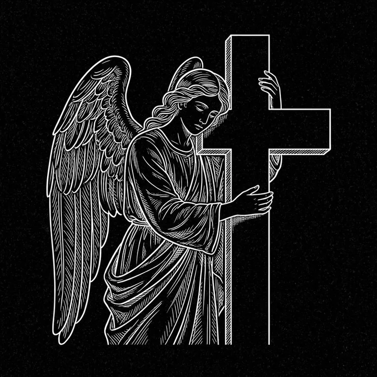 Эскиз гравировки ангела на памятник — ангел, обнимающий крест в Тольятти