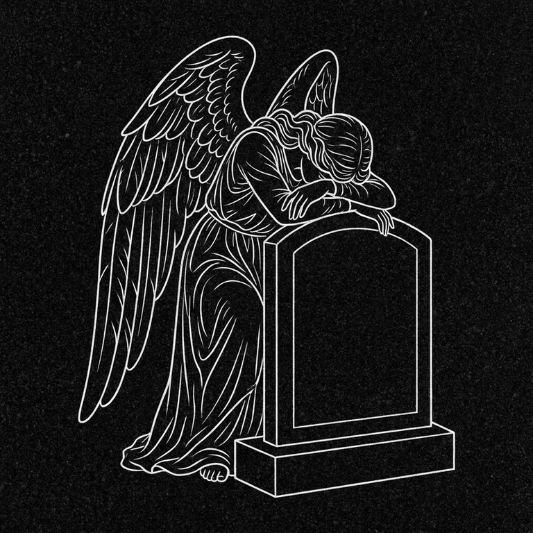 Эскиз гравировки ангела на памятник — печальный ангел у плиты в Тольятти