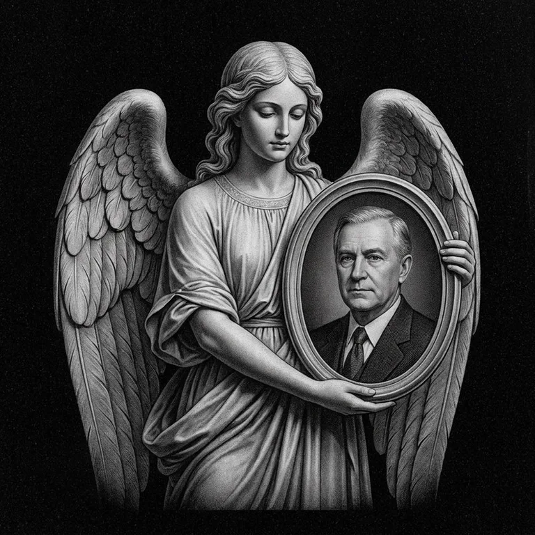 Эскиз гравировки ангела на памятник — объёмный ангел с портретом в Тольятти