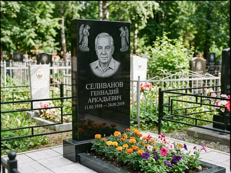 Памятник с гравировкой ангела — гравировка двух ангелов по сторонам портрета, работа «Селиванов» в Тольятти