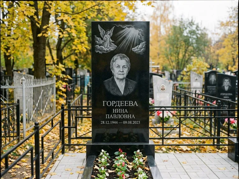 Памятник с гравировкой ангела — гравировка ангела в облаках с лучами над портретом, работа «Гордеева» в Тольятти