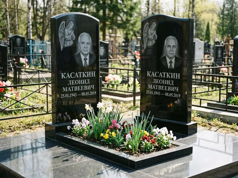 Памятник с гравировкой ангела — гравировка молящегося ангела в верхней части стелы, работа «Касаткин» в Тольятти