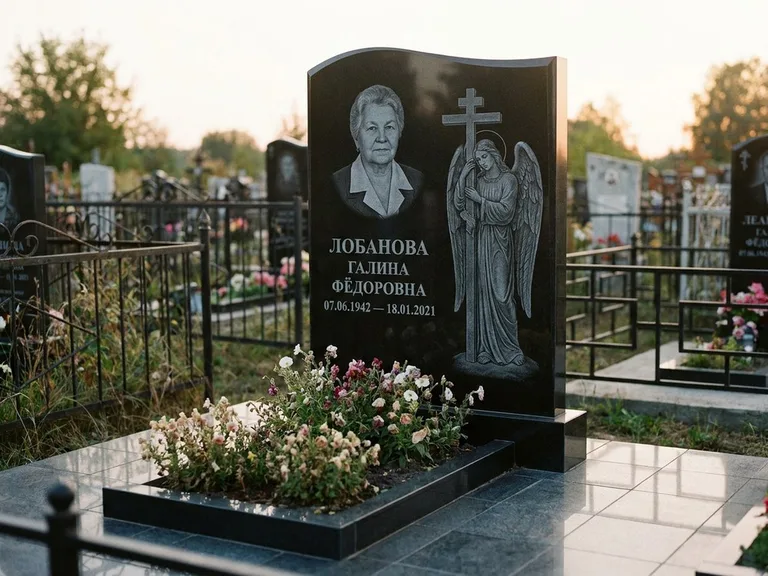 Памятник с гравировкой ангела — гравировка ангела с крестом рядом с эпитафией, работа «Лобанова» в Тольятти