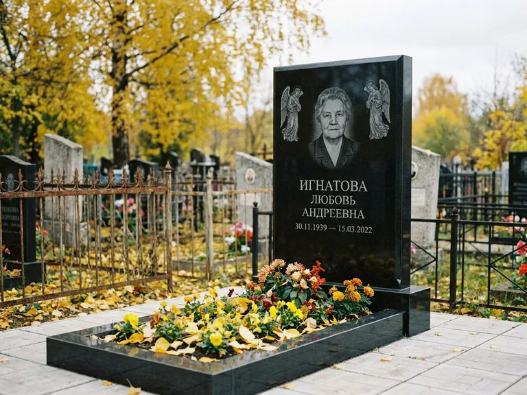 Памятник с гравировкой ангела — гравировка двух ангелов по сторонам портрета, работа «Игнатова» в Тольятти