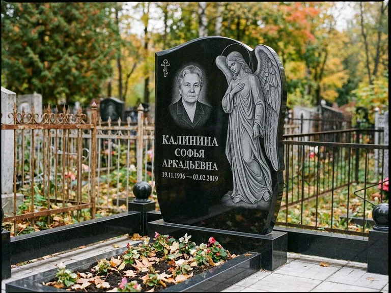 Памятник с гравировкой ангела — гравировка ангела с крестом рядом с эпитафией, работа «Игнатова» в Тольятти