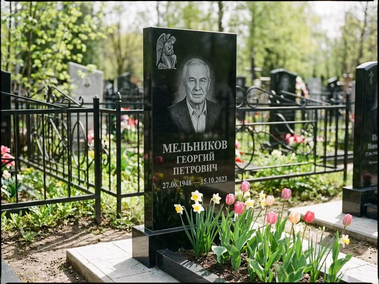 Памятник с гравировкой ангела — гравировка ангела с голубем по диагонали стелы, работа «Доронин» в Тольятти