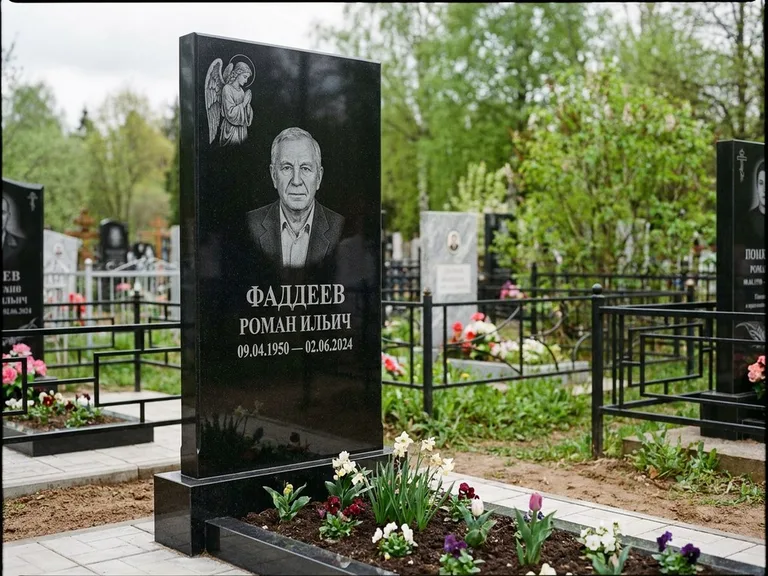 Памятник с гравировкой ангела — гравировка молящегося ангела в верхней части стелы, работа «Фаддеев» в Тольятти