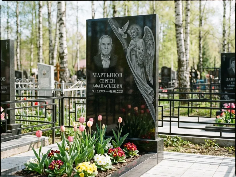 Памятник с гравировкой ангела — гравировка двух ангелов по сторонам портрета, работа «Касаткин» в Тольятти