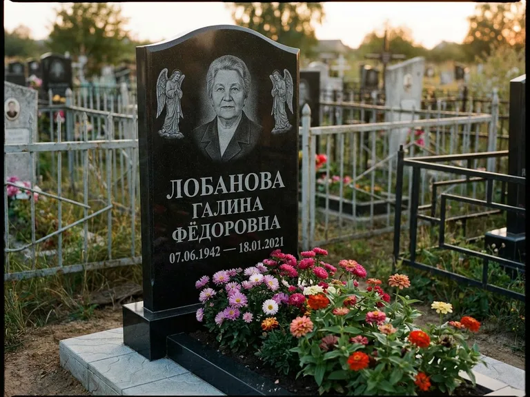 Памятник с гравировкой ангела — гравировка двух ангелов по сторонам портрета, работа «Лобанова» в Тольятти