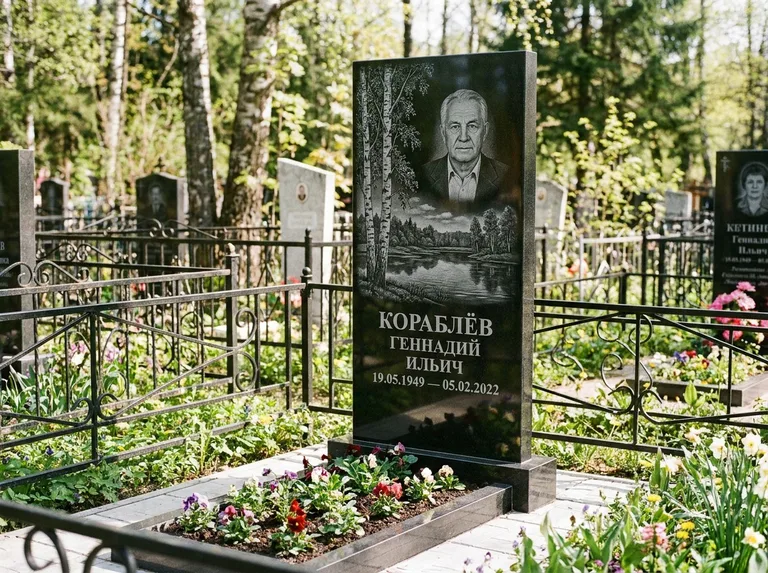 Памятник с гравировкой берёзы — гравировка берёзы у зеркального озера, работа «Кораблёв» в Тольятти