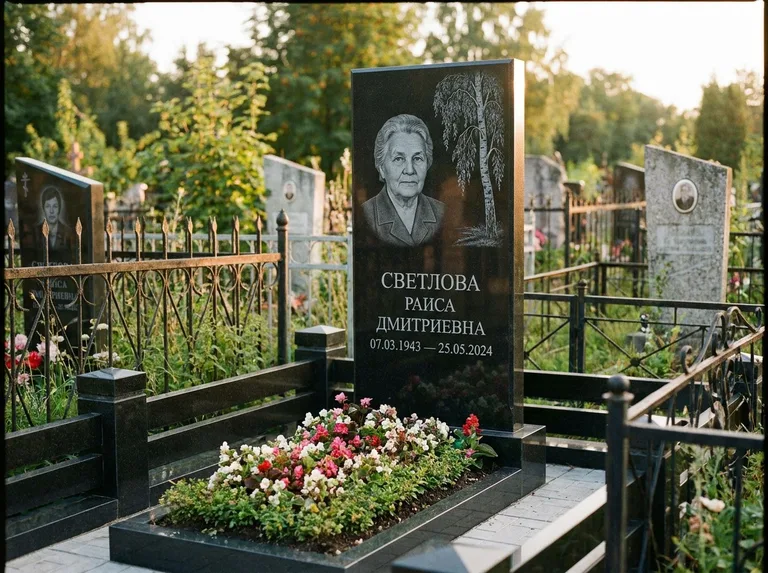 Памятник с гравировкой берёзы — гравировка плакучей берёзы с тонкими ветвями, работа «Светлова» в Тольятти