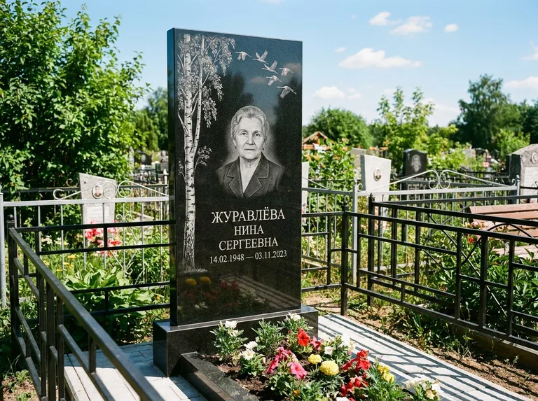 Памятник с гравировкой берёзы — гравировка берёзы с журавлиным клином в небе, работа «Журавлёва» в Тольятти