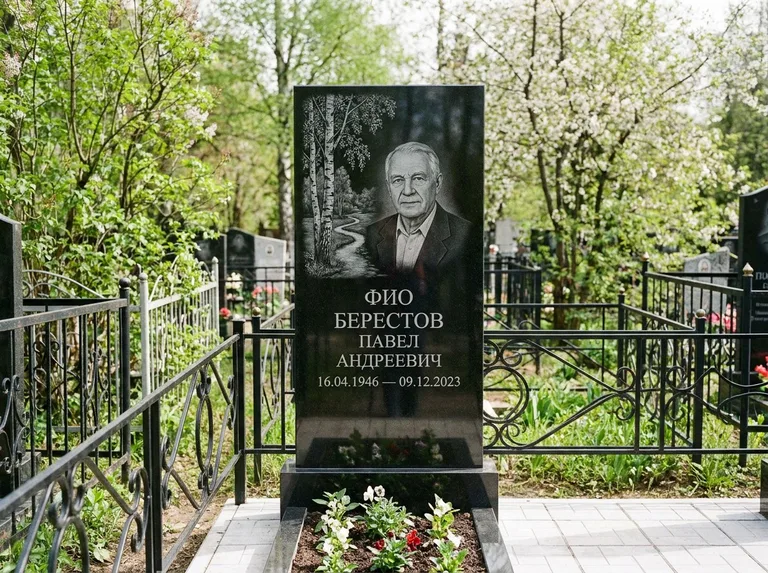 Памятник с гравировкой берёзы — гравировка берёзы у тропинки, уходящей вдаль, работа «Берестов» в Тольятти