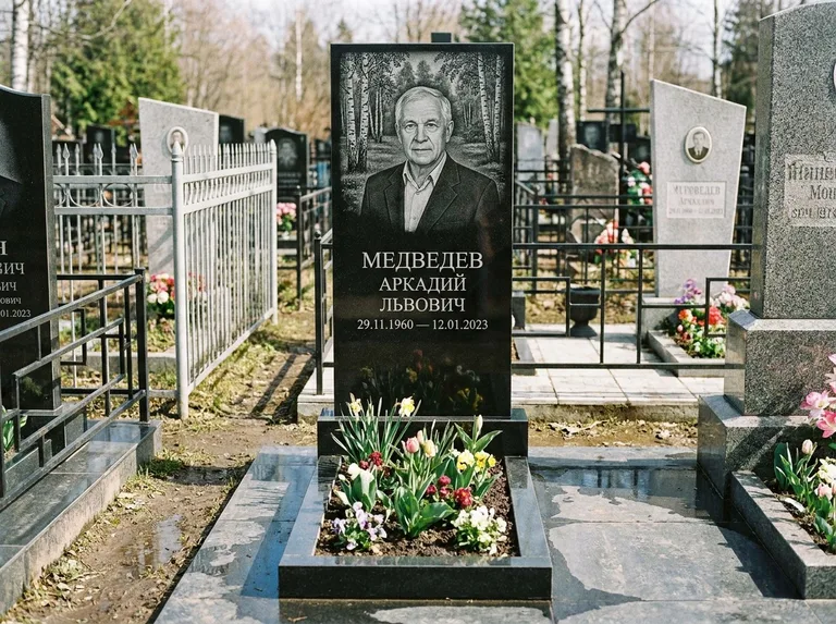 Памятник с гравировкой берёзы — гравировка берёзовой рощи в глубину, работа «Медведев» в Тольятти