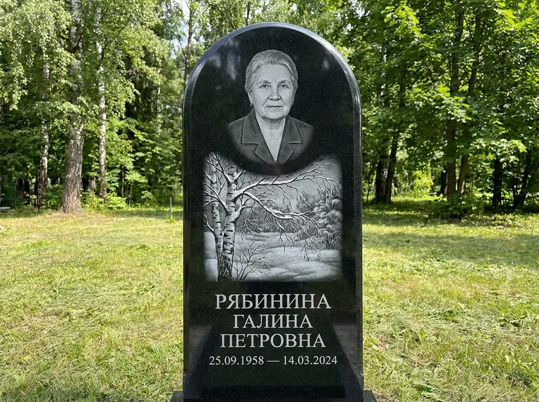 Памятник с гравировкой берёзы: стела с плавным арочным верхом — зимняя берёза, снег на ветвях, газон без ограды, стриженая трава, работа «Рябинина» в Тольятти