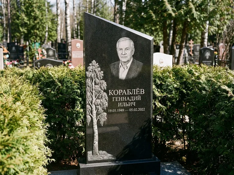 Памятник с гравировкой берёзы: асимметричная скошенная стела — объёмная одинокая берёза с фактурной корой, живая изгородь из туи, работа «Кораблёв» в Тольятти