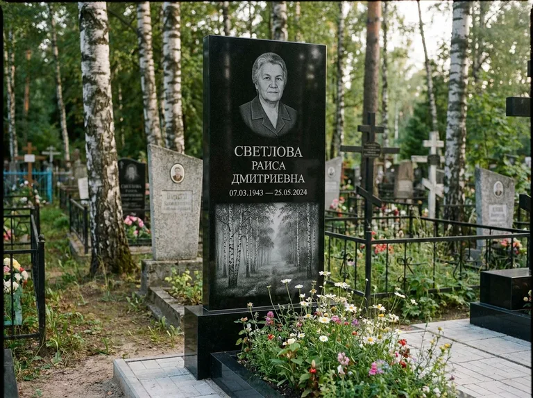 Памятник с гравировкой берёзы: двойная семейная стела — берёзовая роща в лёгкой дымке, цветник с полевыми цветами, работа «Светлова» в Тольятти