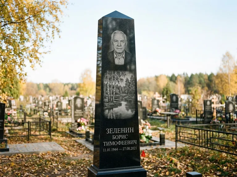 Памятник с гравировкой берёзы: гранёный обелиск-колонна — берёза у воды с отражением, открытый участок, мягкий свет, работа «Зеленин» в Тольятти