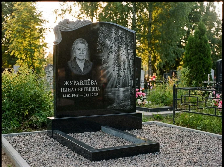 Памятник с гравировкой берёзы: стела с фигурным резным верхом — плакучая берёза в контровом свете, гравийная отсыпка, рассвет, работа «Журавлёва» в Тольятти