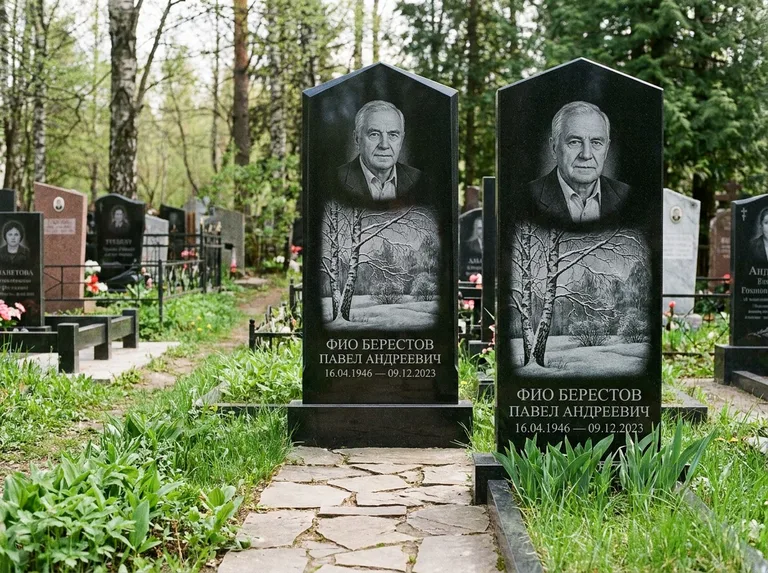 Памятник с гравировкой берёзы: массивная стела с двускатным навершием — зимняя берёза, снег на ветвях, дорожка из природного плитняка, работа «Берестов» в Тольятти
