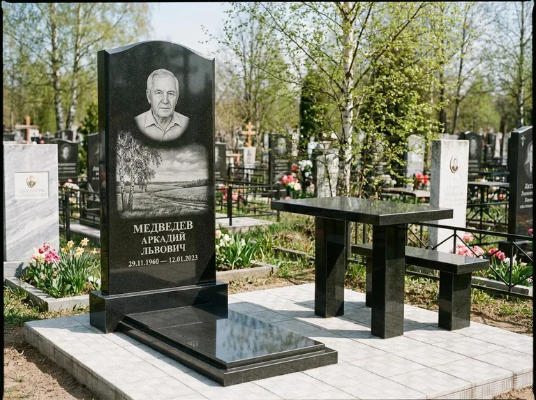 Памятник с гравировкой берёзы: стела с гранитным столиком и скамьёй — берёза у поля, простор до горизонта, семейный участок с плиткой, работа «Медведев» в Тольятти
