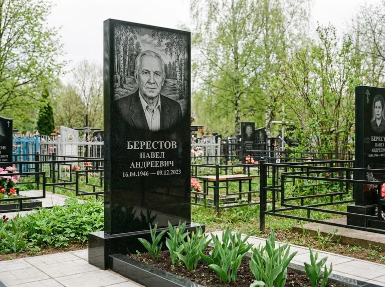 Памятник с гравировкой берёзы — гравировка берёзовой рощи в глубину, работа «Берестов» в Тольятти