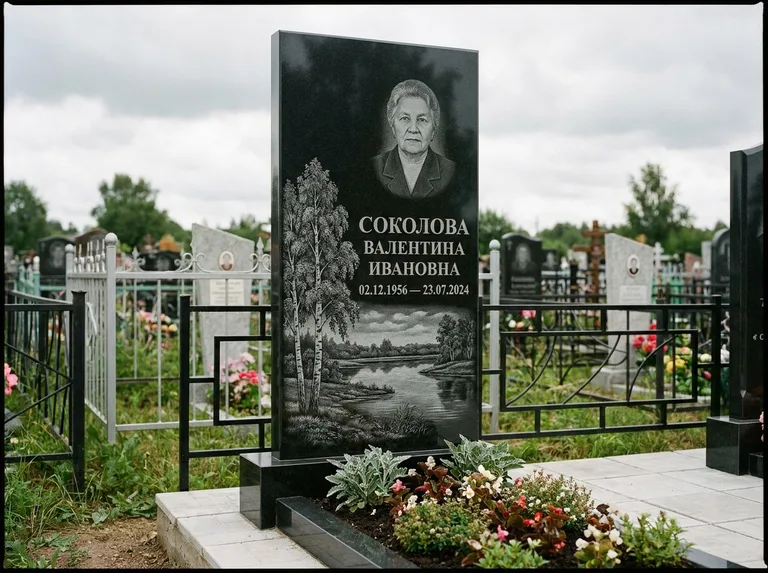 Памятник с гравировкой берёзы — гравировка берёзы у зеркального озера, работа «Соколова» в Тольятти