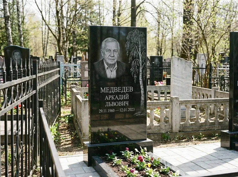 Памятник с гравировкой берёзы — гравировка плакучей берёзы с тонкими ветвями, работа «Медведев» в Тольятти