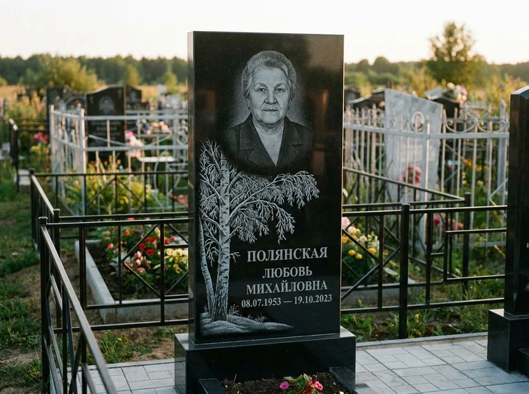 Памятник с гравировкой берёзы — гравировка зимней берёзы в инее, работа «Полянская» в Тольятти