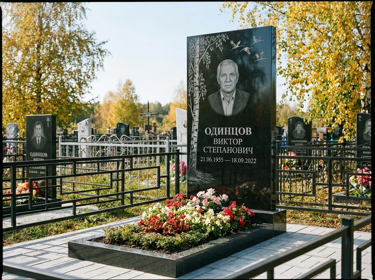 Памятник с гравировкой берёзы — гравировка берёзы с журавлиным клином в небе, работа «Одинцов» в Тольятти