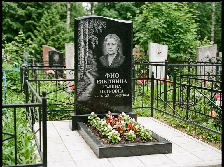 Памятник с гравировкой берёзы — гравировка берёзы у тропинки, уходящей вдаль, работа «Рябинина» в Тольятти