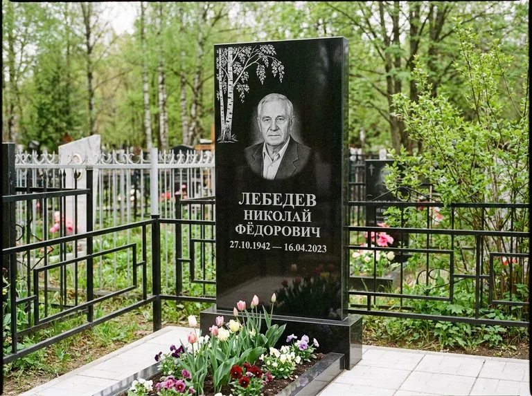 Памятник с гравировкой берёзы — гравировка одинокой берёзы над именем, работа «Лебедев» в Тольятти