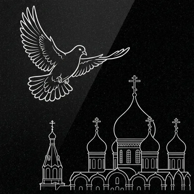 Эскиз гравировки голубей на памятник — голубь в небе над храмом в Тольятти